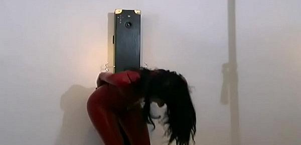  Girl in red latex gets rid from any chain
